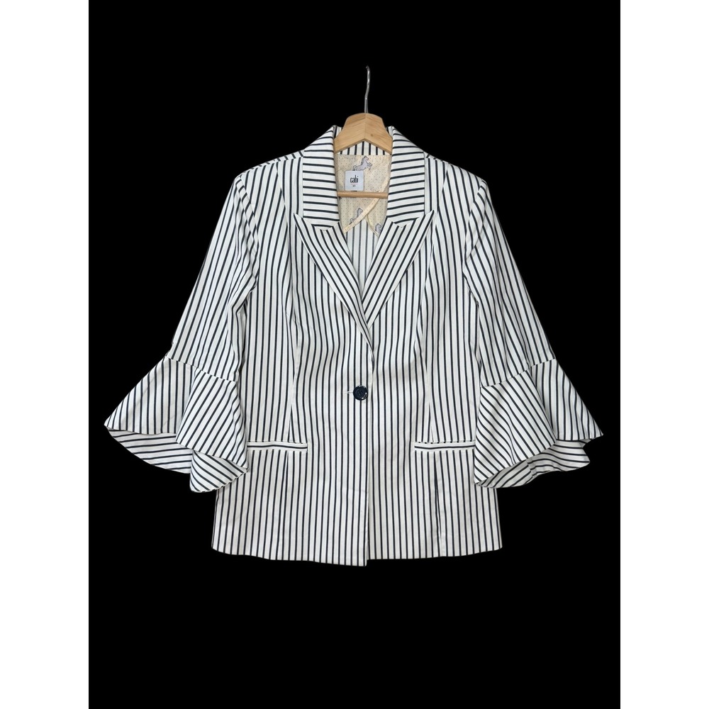 Cabi Women's 10 Navy White Striped Bell Sleeve Blazer Jacket Horse Print Lining